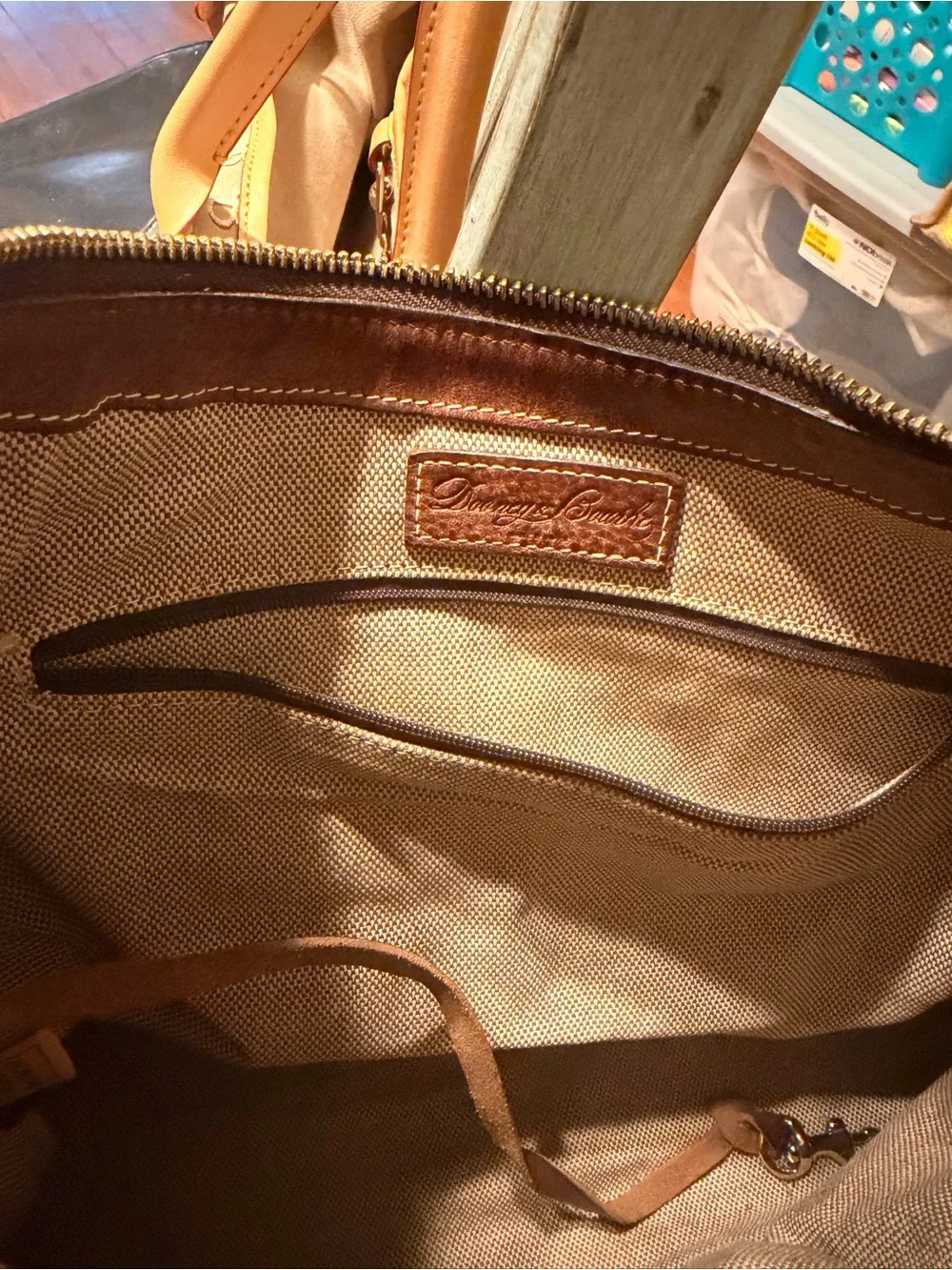 Dooney & Bourke Beige Canvas Shoulder Bag with Brown Leather Trim